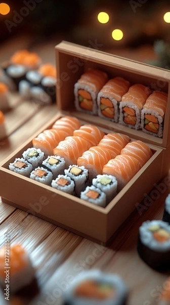 Fototapeta Assorted Sushi In Wooden Box On Wooden Table