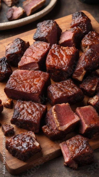 Fototapeta Delicious bite-sized pieces of meat, cooked to perfection, showcase a mouthwatering combination of tenderness and rich, savory flavors.