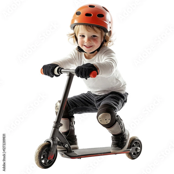 Fototapeta a child wearing a helmet and knee pads while riding a scooter, isolated on a white background