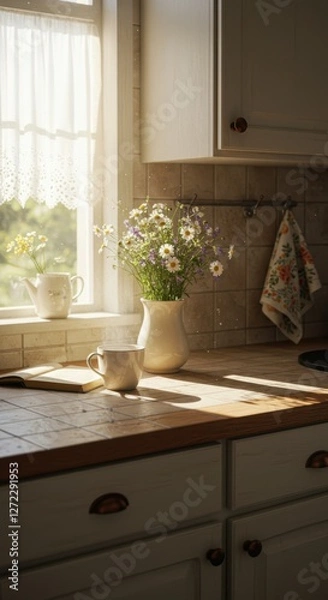 Fototapeta Sunlit kitchen with wildflowers in vase on wooden counter by window