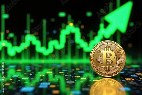 Fototapeta Bitcoin Cryptocurrency with Rising Market Trends and Green Graphs