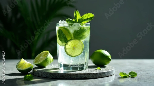 Fototapeta Cold cocktail mojito with lime and mint, ice on a modern gray concrete background, shadows, menu, copy space