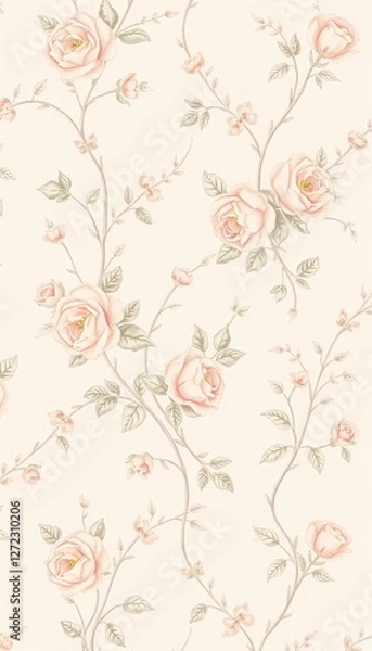 Fototapeta Soft Vintage Watercolor Rose Pattern with Vines on Cream Background