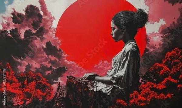 Fototapeta Dark haired woman in profile, red background, dramatic contrast.
