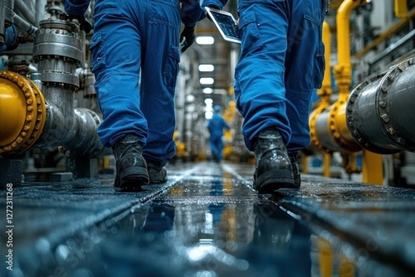 Obraz Engineers Discussing Tablet in Modern Factory Setting