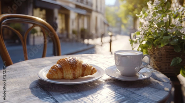 Fototapeta Enjoying a fresh croissant alongside a cup of coffee at a cozy Parisian cafe table. The warm morning sunlight enhances the inviting atmosphere of the bustling street