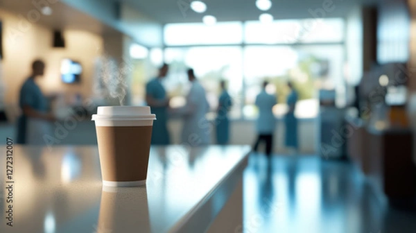 Obraz A hectic emergency room buzzes with medical personnel attending to patients. In the foreground, a steaming cup of coffee rests on the countertop, offering a moment of respite