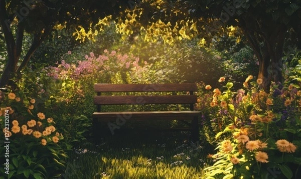 Fototapeta Sunlit garden with flowers and bench under dappled tree.