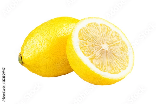 Fototapeta Two lemons are cut in half and one half is missing, isolated