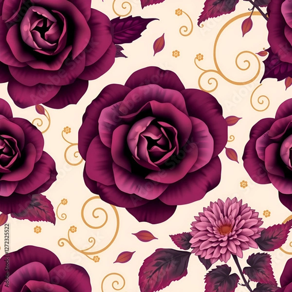 Fototapeta Seamless Floral Pattern with Dark Purple Roses and Gold Swirls on a Cream Background
