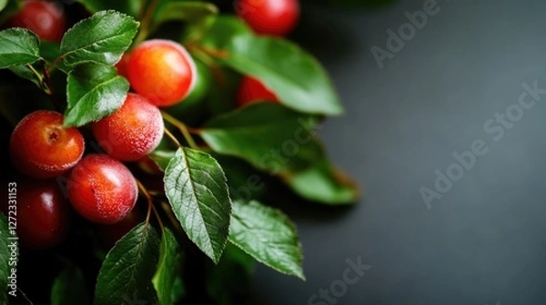 Fototapeta Fresh plums with green leaves on a dark background, showcasing nature's vibrant colors.
