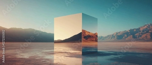 Obraz Reflective metallic cube in a surreal desert landscape at sunset Mirrored monolith reflecting mountains in a serene, minimalist environment Concepts of illusion, reality, and solitude