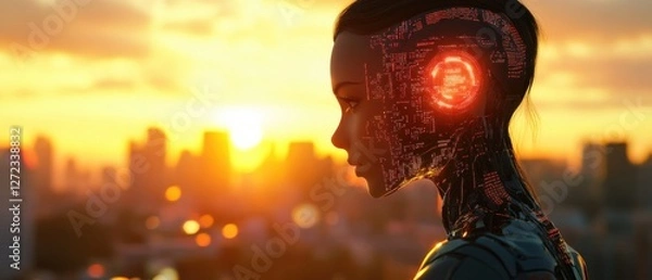 Fototapeta Futuristic female android with glowing circuitry at sunset overlooking a cityscape Concept of artificial intelligence, technology, and the future