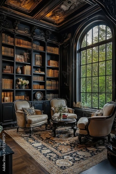 Fototapeta Luxurious black library with bookshelves, armchairs, and a window view