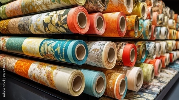 Fototapeta Colorful fabric rolls store display