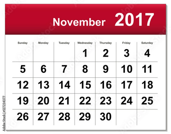 Fototapeta EPS10 file. November 2017 calendar. The EPS file includes the ve