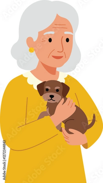 Obraz Elderly woman holding a small puppy in a flat, colorful design vector art