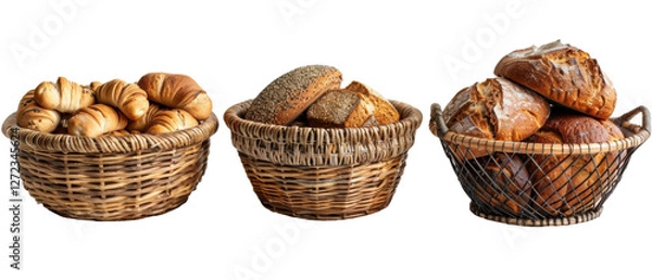 Fototapeta Freshly baked bread and pastries displayed in woven baskets, showcasing a variety of textures and colors