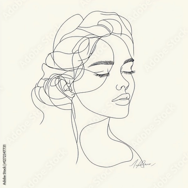 Fototapeta Minimalist Continuous Line Portrait of a Woman in Soft Light