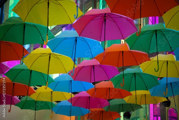 Fototapeta umbrella, rain, parasol, protection, weather, vector, open, object, illustration, handle, colorful, color, accessory, set, design, season, yellow, cartoon, wet, sky, icon, summer, water, pattern, blue