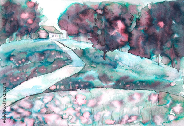 Fototapeta The path to the house, trees and meadow with flowers are hand-drawn with blue and emerald ink on white paper for graphic design. This is a beautiful and mysterious fantasy landscape for graphic design