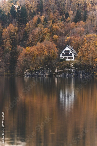 Obraz House on the lake in Slovenia. Reflection of the house in the lake with mist.