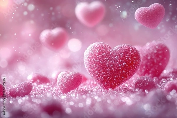 Obraz Pink heart-shaped candies scattered on a sparkling pink background, soft focus, bokeh effect, romantic, love, valentines day, hearts, glitter, sparkle, sweet, candy, sugared, valentine, love theme