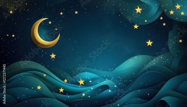Fototapeta Dark Blue and Gold Night Sky with Crescent Moon and Waves