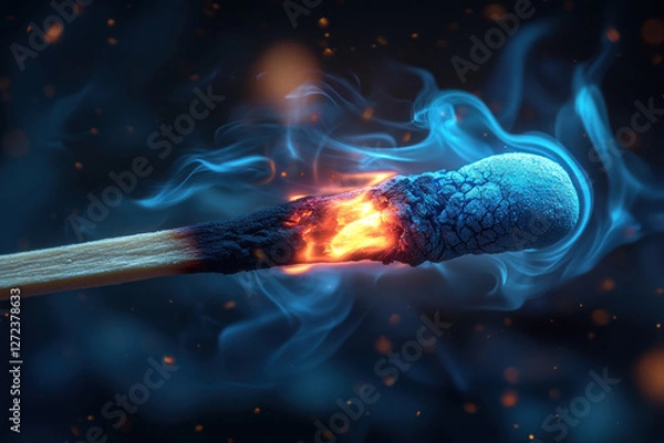Fototapeta burning end of a match in macro photography. The bluish coating of the phosphorus composition on the head contrasts with the bright orange tongues of flame and darkening charred wood. 