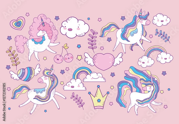 Obraz Colorful Kawaii Unicorns Fantasy Pastel Illustration. Adorable Unicorn Illustration Set
