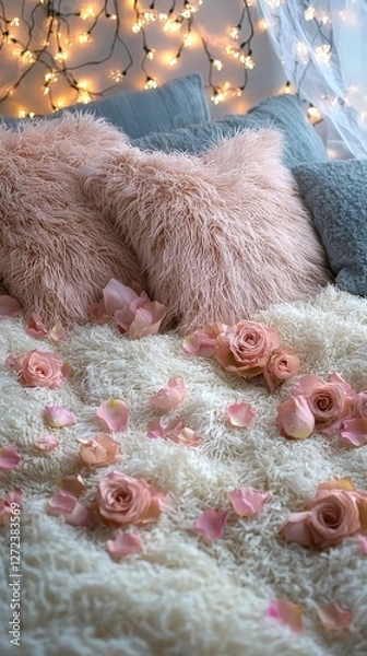 Obraz Cozy bedding with roses and fairy lights, creating a warm, romantic ambiance for relaxation