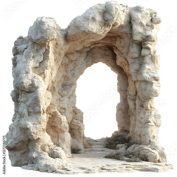Fototapeta Detailed Textured Rock Formation Forms Natural Stone Archway Plus Reveals Entrance Path With Stairs