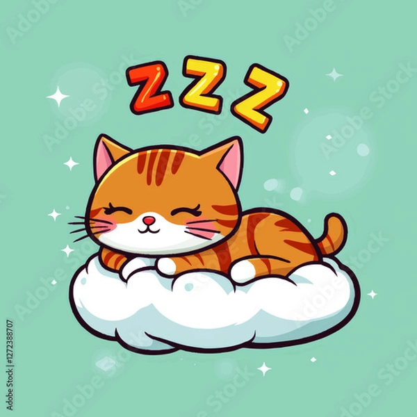 Fototapeta Charming Vector Illustration of a Sleeping Cartoon Orange Cat on a Cloud with Dreamy ZZZ Text and Whimsical Sparkles in a Light Teal Background