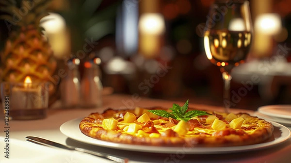 Fototapeta A freshly baked pizza with pineapple chunks and herbs is placed on a white tablecloth beside a glass of white wine in a warm, inviting restaurant atmosphere.