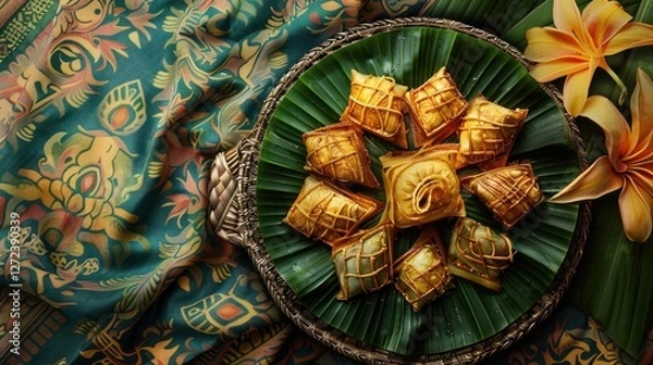 Fototapeta Square pastries are arranged on a tray with flowers