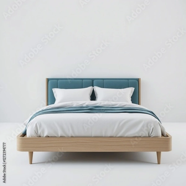 Fototapeta Modern Minimalist Bedroom Teal Upholstered Bed with Oak Frame and Crisp White Linens