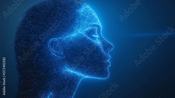 Fototapeta Side profile of a human head constructed from glowing particles against a dark background