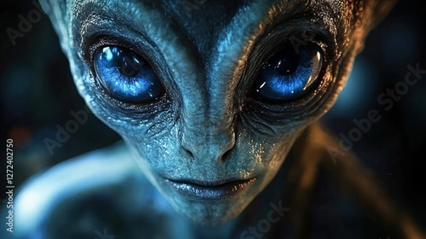 Fototapeta Close Up Portrait of an Alien Creature with Large Expressive Eyes and Intricate Skin Texture Illuminated by Ethereal Blue Light