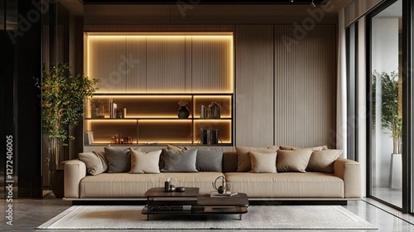 Fototapeta A minimalist home setting with a soft-colored sofa and a built-in wooden display unit