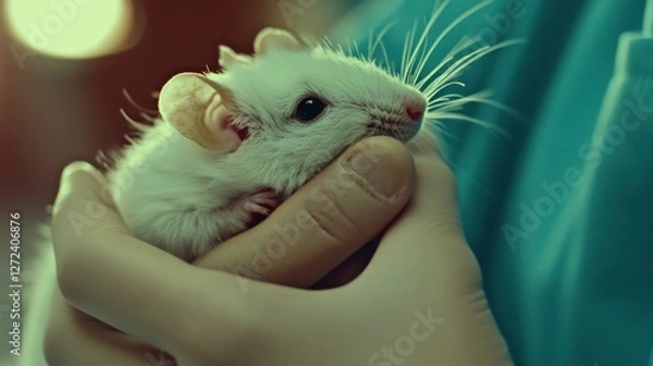 Fototapeta Close-Up of a Tiny White Mouse Being Held in Gentle Hands