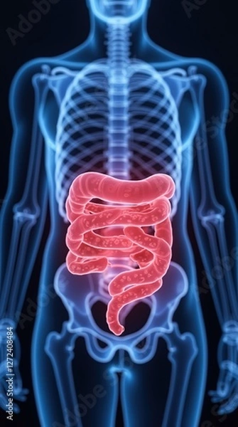 Obraz 3D X-Ray of Human Digestive System Highlighting Intestines Anatomy Concept