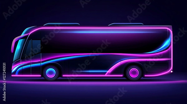 Fototapeta Cyberpunk Style Bus with Glowing Neon Light Accents and Dark Background Futuristic Transport Concept.