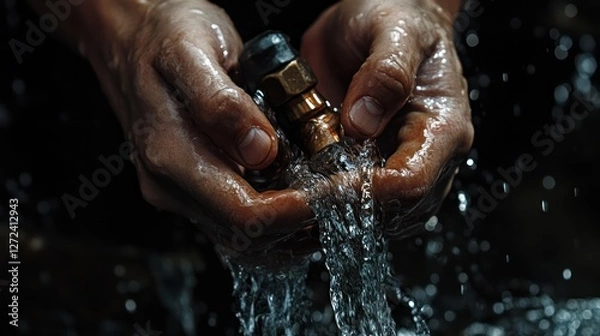 Obraz Cleaning valve outdoors, dark background