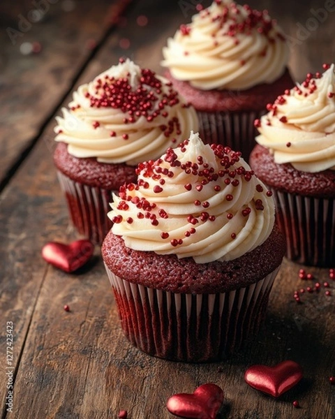 Fototapeta Red velvet cupcakes with cream and red sprinkles sitting on a wooden surface. Perfect for a party