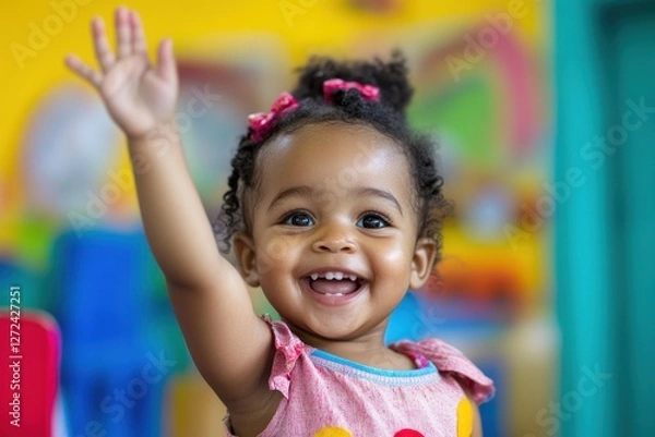 Obraz A happy toddler girl raises her hand, brightly smiling in a colorful classroom. This cheerful image is perfect for education, childcare, or preschool themes.