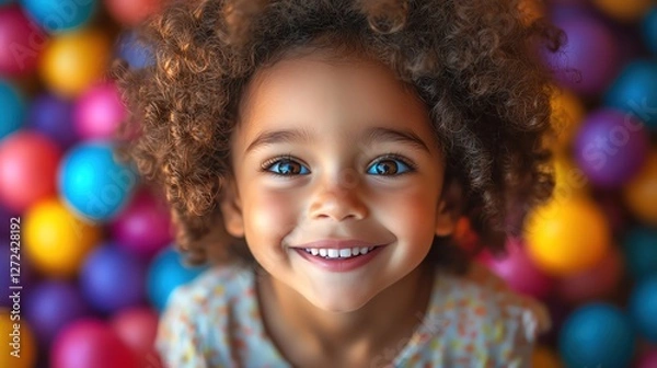 Obraz Laughing child in colorful ball pit, vibrant lighting, top view