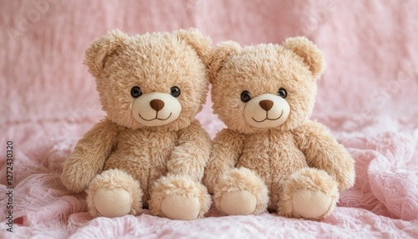 Obraz Two cuddly teddy bears on a soft pink background