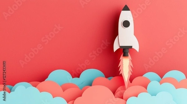 Fototapeta Toy rocket launching into sky, concept of ambition, success and innovation with clouds