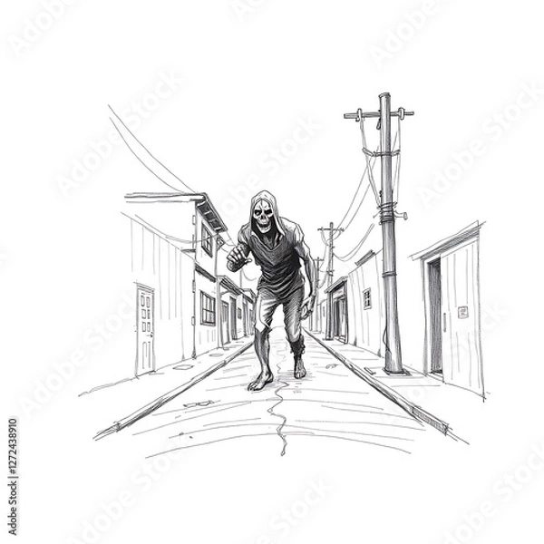 Fototapeta Grim Reaper Walking Down Alleyway, Horror Ink Drawing