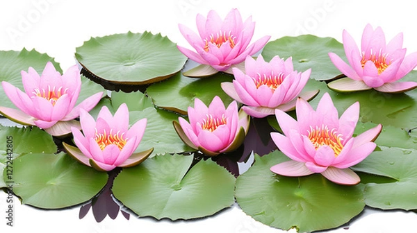 Fototapeta Serene Water Lilies Floating in a Calm Pond Displaying Their Pink Petals and Vibrant Yellow Centers.